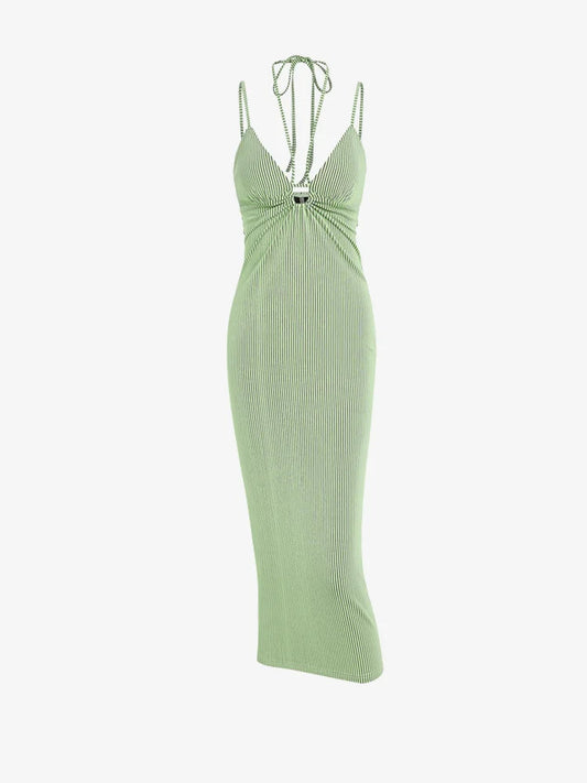 Striped Tie Backless Midi Pencil Dress Sleeveless