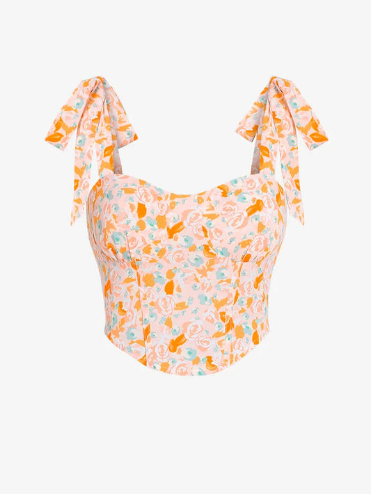 Rose Print Tie Shoulder Smocked Corset Style Tank Top
