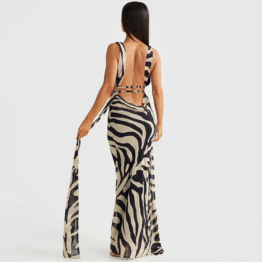Zebra Stripes Halter Backless Bandage Maxi Dress