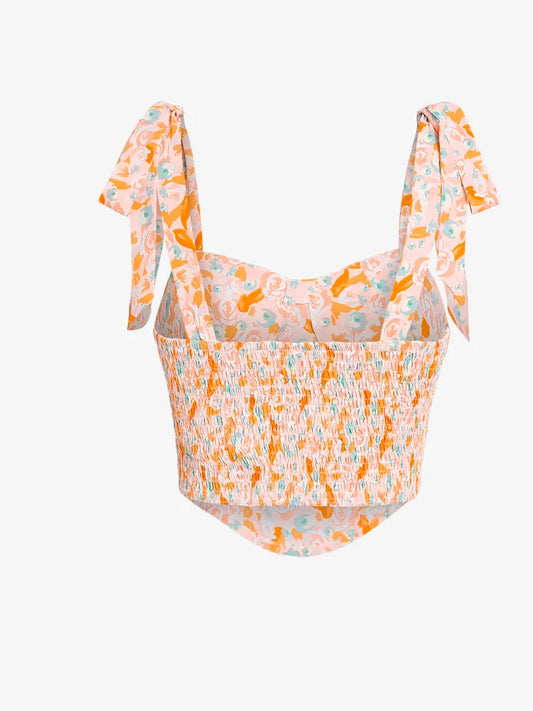 Rose Print Tie Shoulder Smocked Corset Style Tank Top