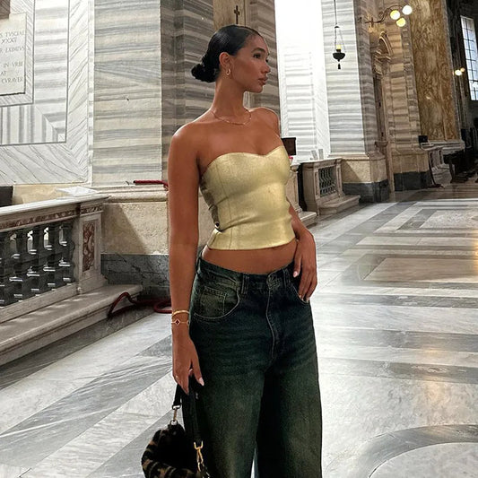 Fashion Vintage Strapless Gold Crop Tops Party Club Outfits